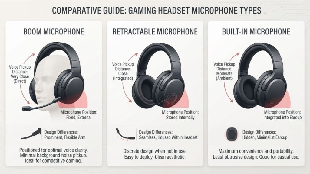 Comparison of boom, retractable, and built-in gaming headset microphone designs