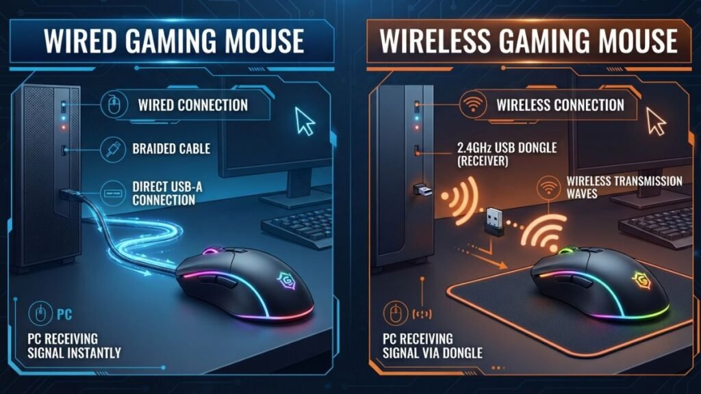 Visual explanation of how wired and wireless gaming mice connect to a computer