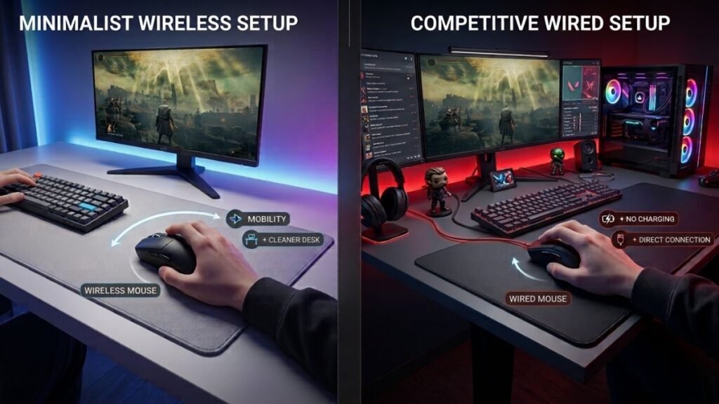 Wireless and wired gaming mouse setups for different player preferences