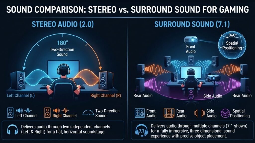Comparison showing stereo audio and surround sound positioning in a gaming headset