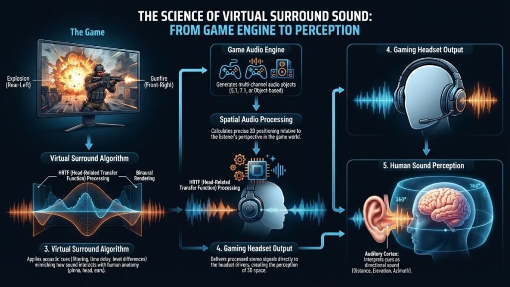 Diagram explaining how surround sound technology processes audio in gaming headsets