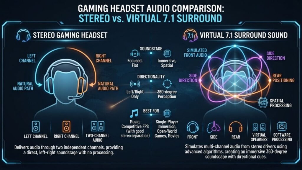 Comparison between virtual 7.1 surround sound and stereo gaming headset audio