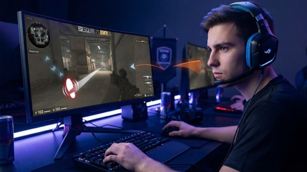 Gamer using a surround sound headset for positional audio in a competitive FPS game