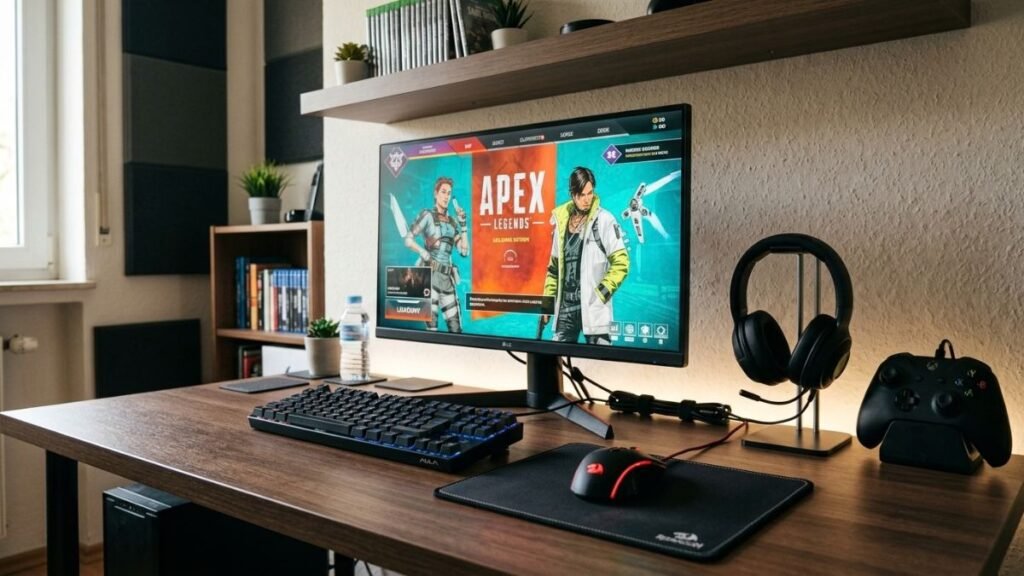 Modern gaming setup with organized desk, monitor, gaming accessories, and comfortable workspace design.