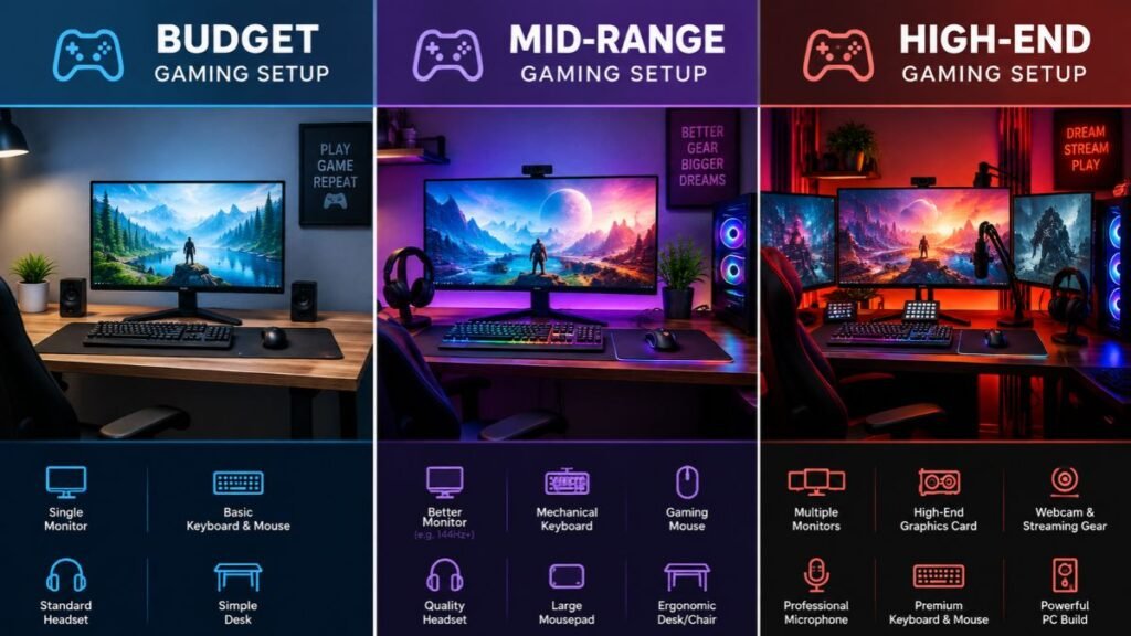 Comparison of budget mid-range and high-end gaming setups with different equipment levels