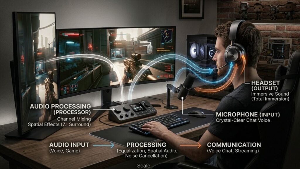 Gaming headset and microphone setup showing audio technology components