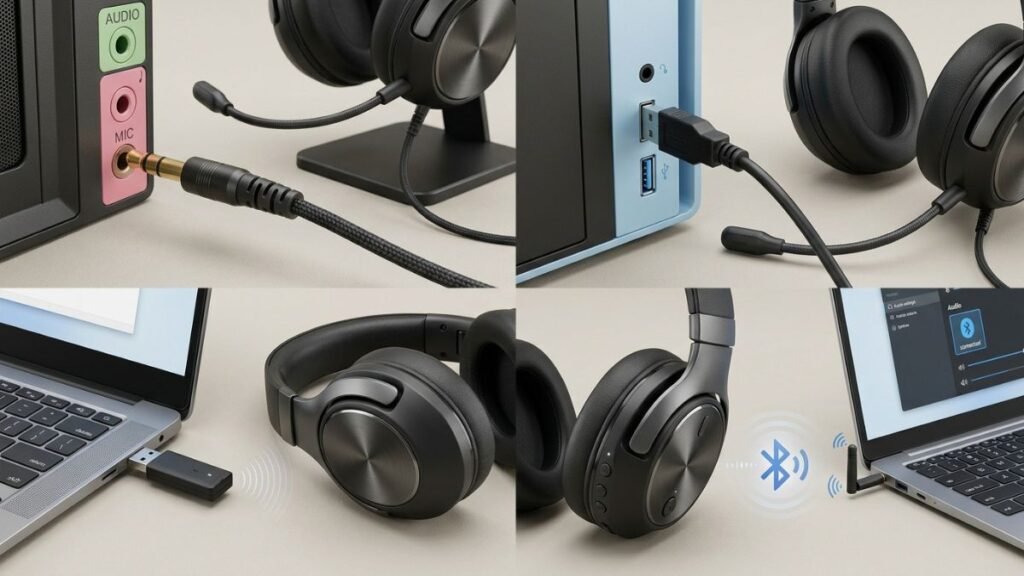 Comparison of 3.5mm, USB, 2.4GHz wireless, and Bluetooth connections used in gaming audio setups.