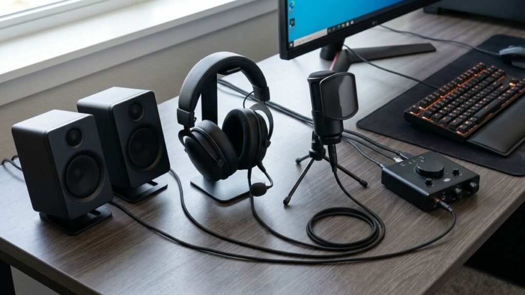 Gaming audio setup components including a headset, stereo speakers, microphone, and compact audio interface.