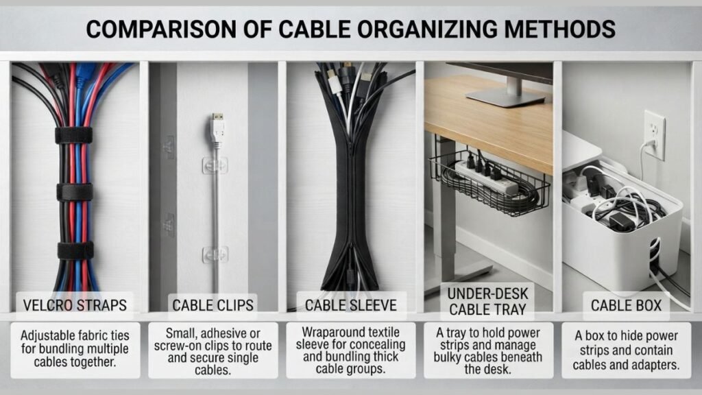 Gaming cable management tools including cable clips sleeves trays and Velcro straps