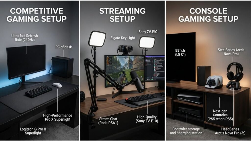 Comparison of competitive, streaming, and console gaming setups with different gaming desk accessories.