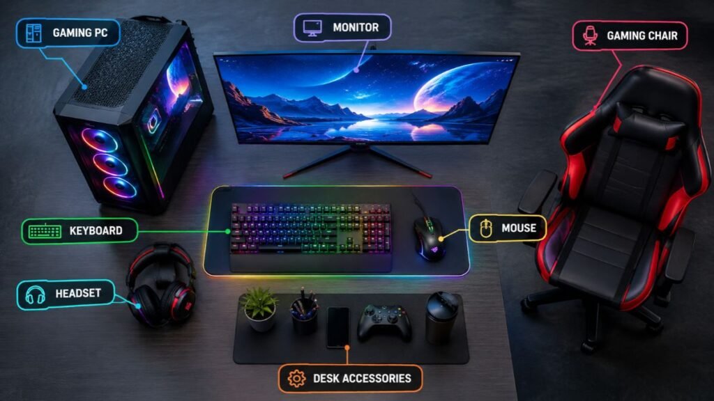 Gaming setup components including PC monitor keyboard mouse headset and accessories