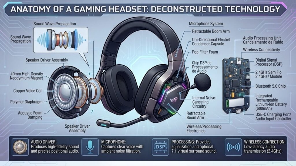 Internal components of a gaming headset showing drivers and audio technology
