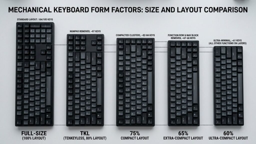 Comparison of full-size, TKL, 75 percent, 65 percent, and 60 percent gaming keyboard layouts