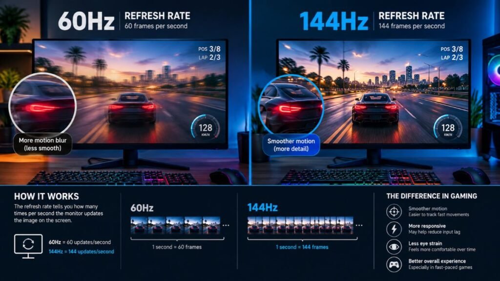 Gaming monitor comparison showing different refresh rates and display performance