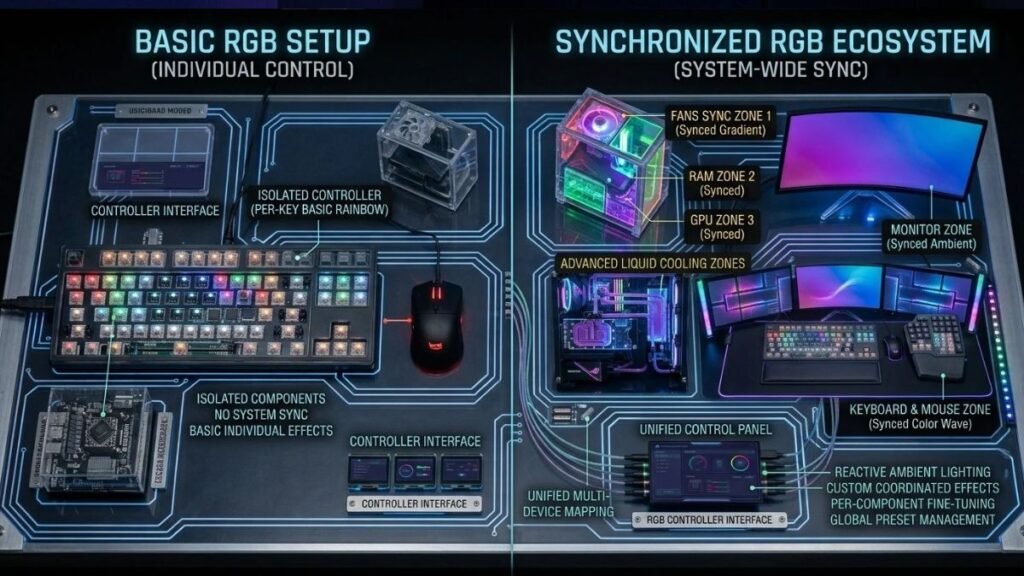 Comparison between basic RGB lighting and synchronized RGB gaming setup