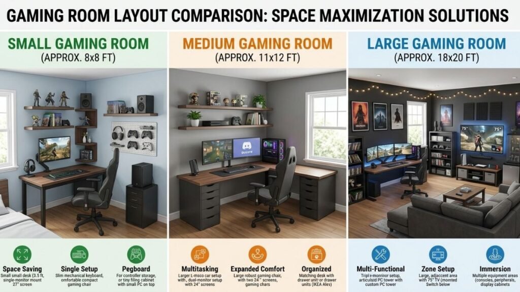 Comparison of gaming room layouts for small, medium, and large spaces.