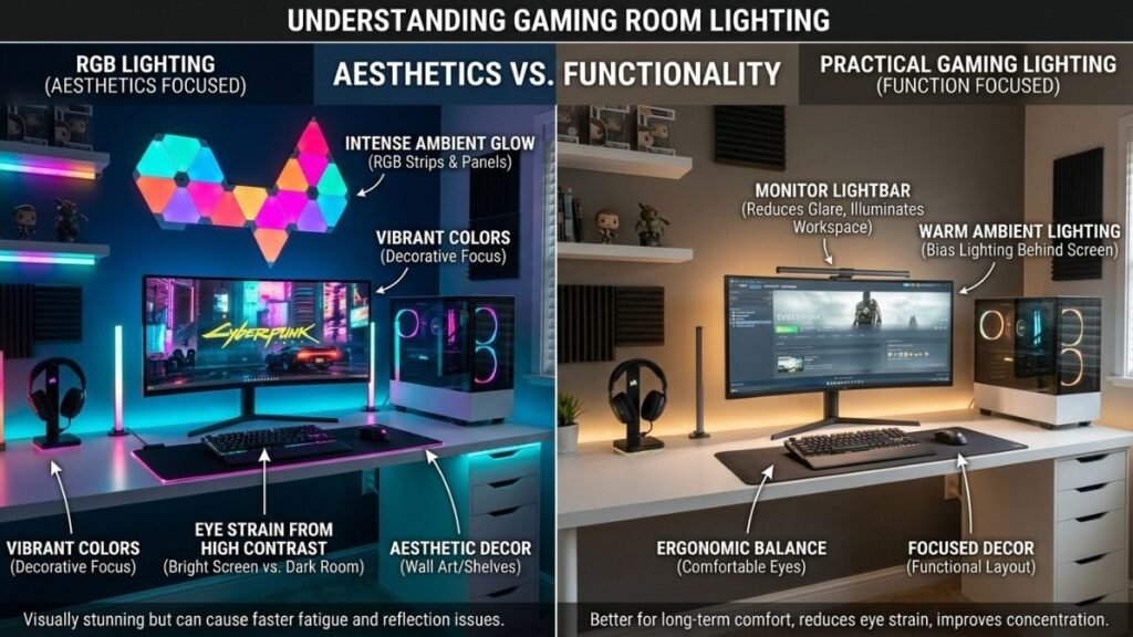 Comparison of RGB lighting and functional lighting in a gaming room.