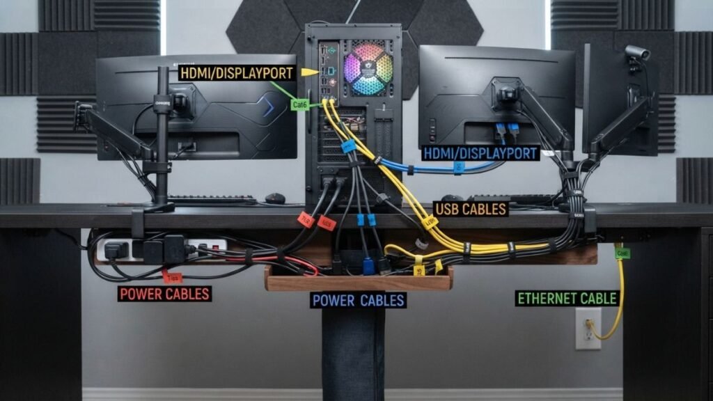 Different cable types organized behind a gaming desk including power USB and display cables