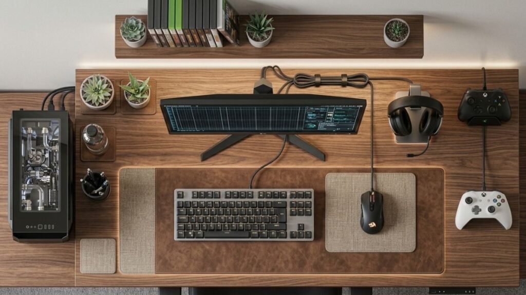 Gaming setup components including desk, monitor, keyboard, mouse, headset, and organized workspace.