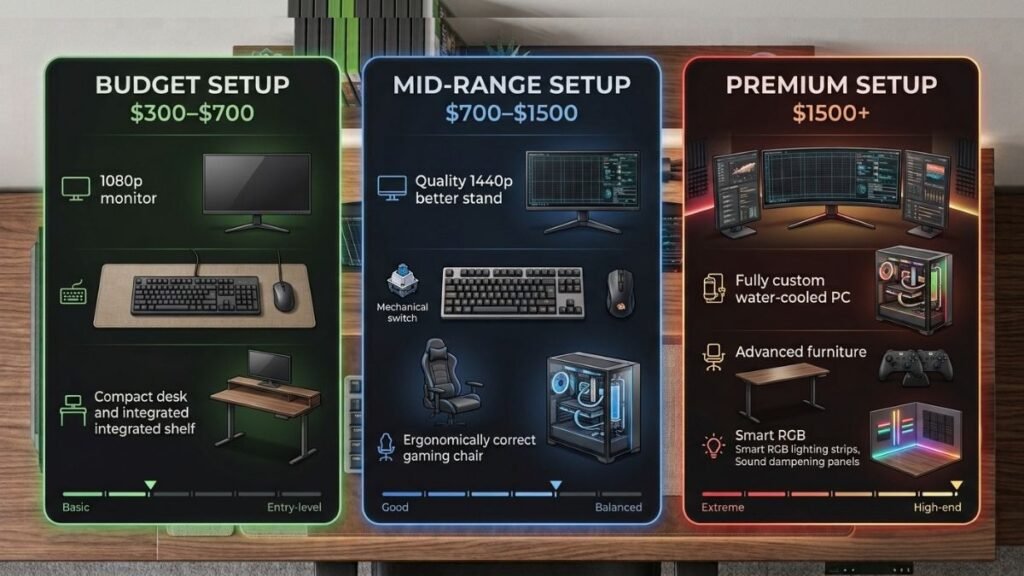 Affordable gaming setup under $500 with a monitor, keyboard, mouse, headset, and organized desk.
