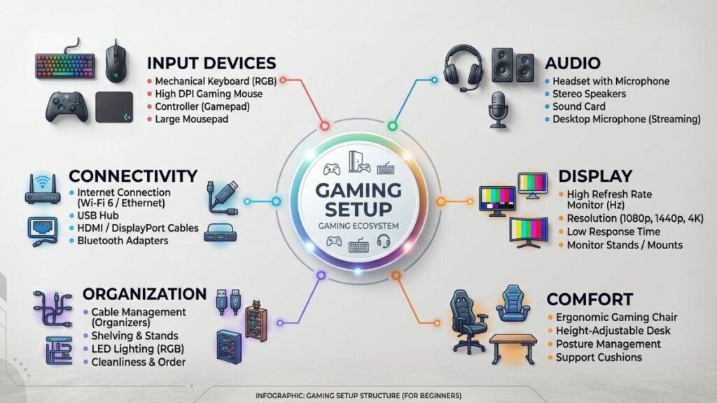 Gaming setup accessories categories explained with technology infographic