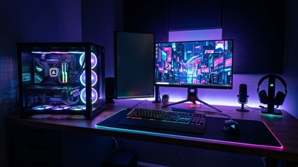 Gaming desk showing RGB PC components and illuminated peripherals