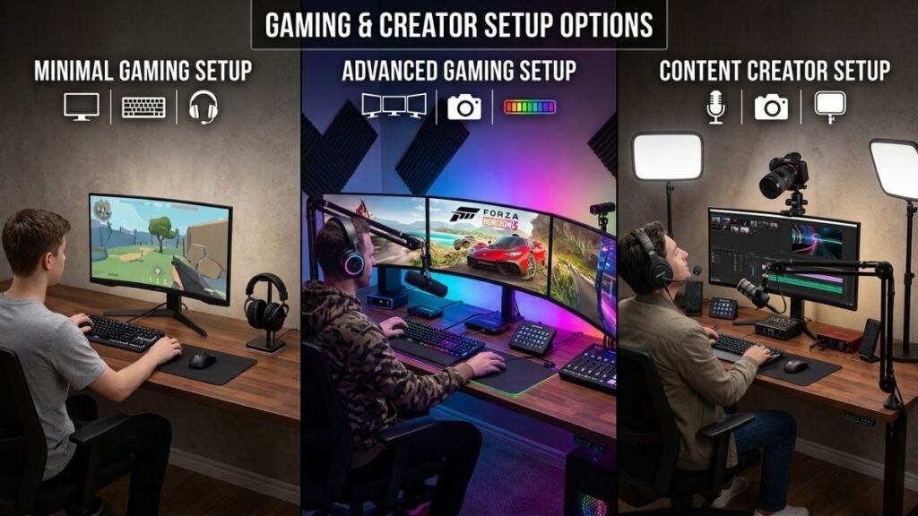 Different gaming setup styles designed for various user needs
