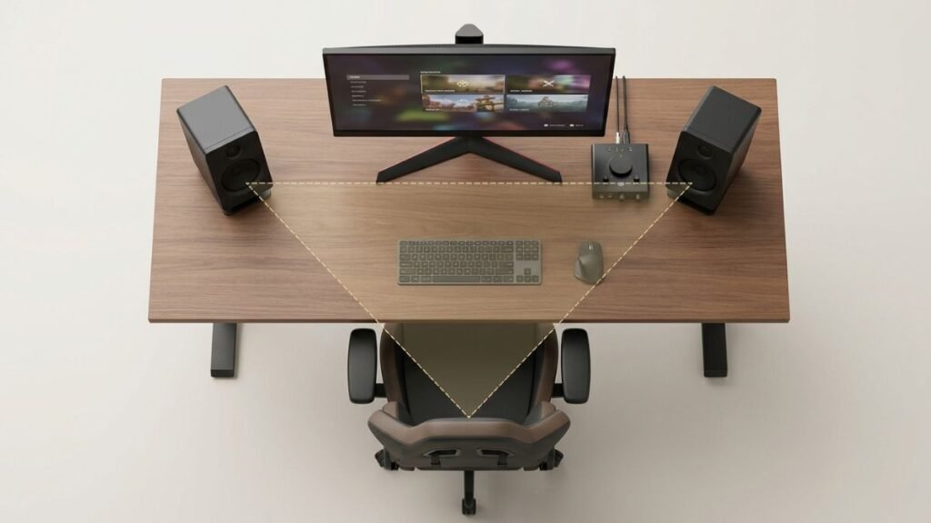 Gaming speaker setup with left and right stereo speakers positioned toward a centered desktop listening position.