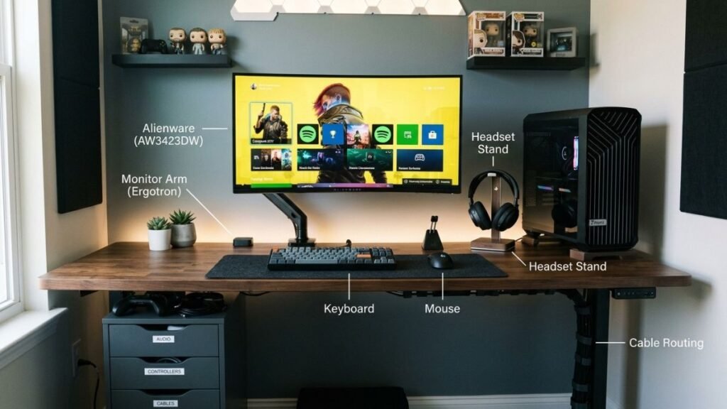 Gaming workspace showing equipment organization and a clean desktop layout.