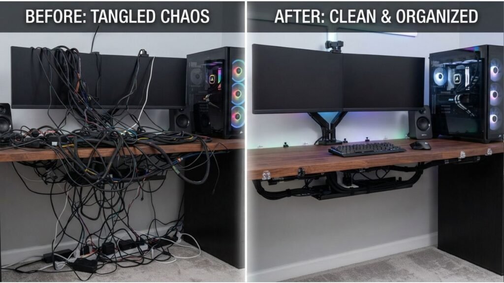 Organized gaming desk cables using clips and routing solutions for a cleaner setup.