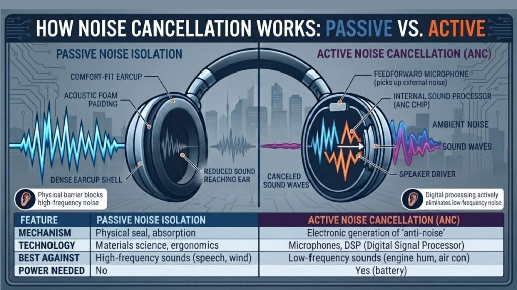 Comparison between passive noise isolation and active noise cancellation in gaming headsets