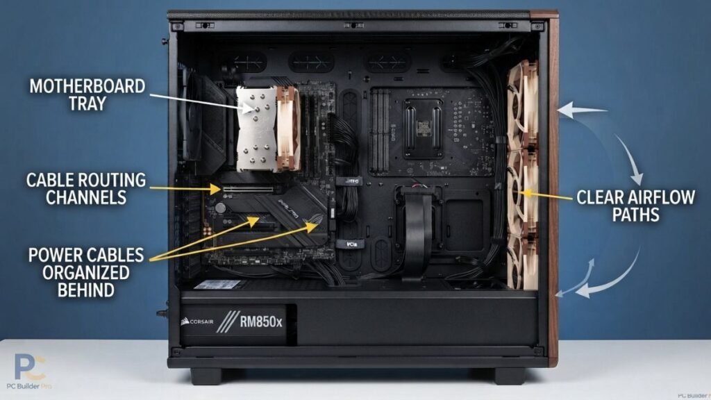 Gaming PC interior showing organized cables routed behind the motherboard tray