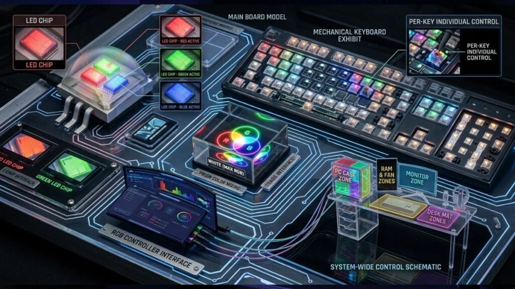 Diagram explaining how RGB lighting combines colors and controls LED zones