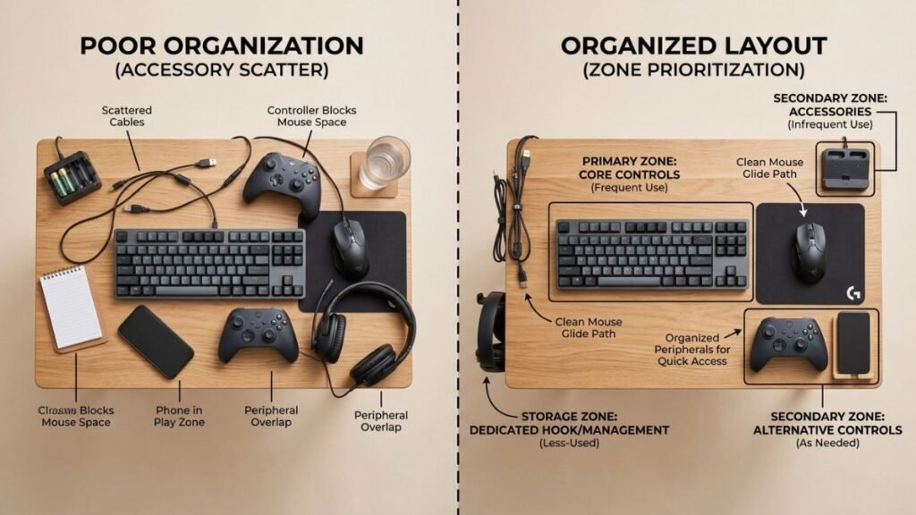 Comparison showing primary, secondary, and storage zones for organizing accessories on a small gaming desk