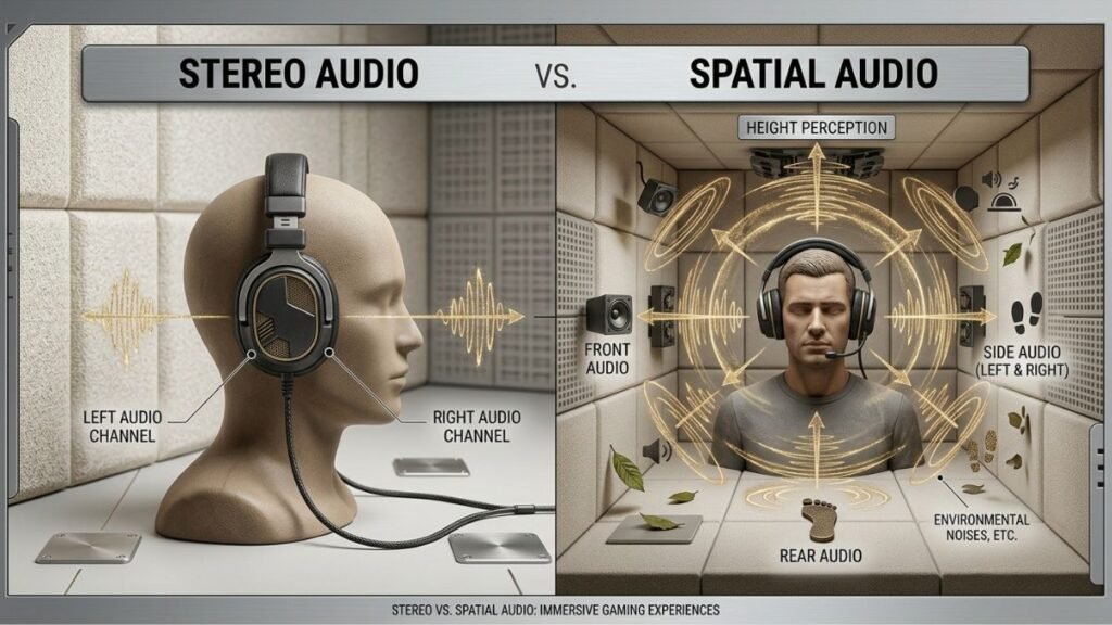 Comparison between stereo and surround sound features in gaming headsets