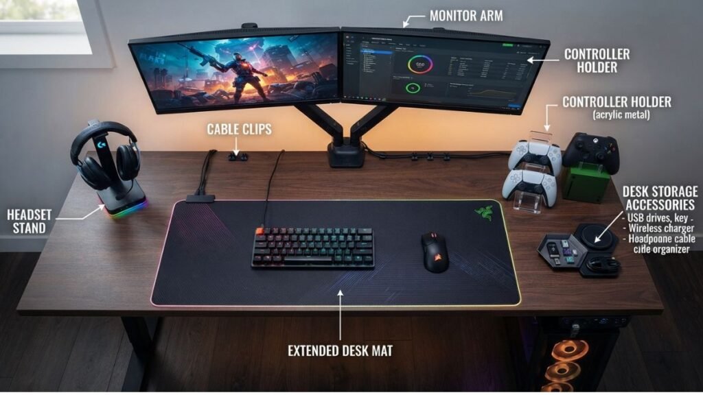 Overview of common gaming desk accessories used to organize and improve a gaming workspace.