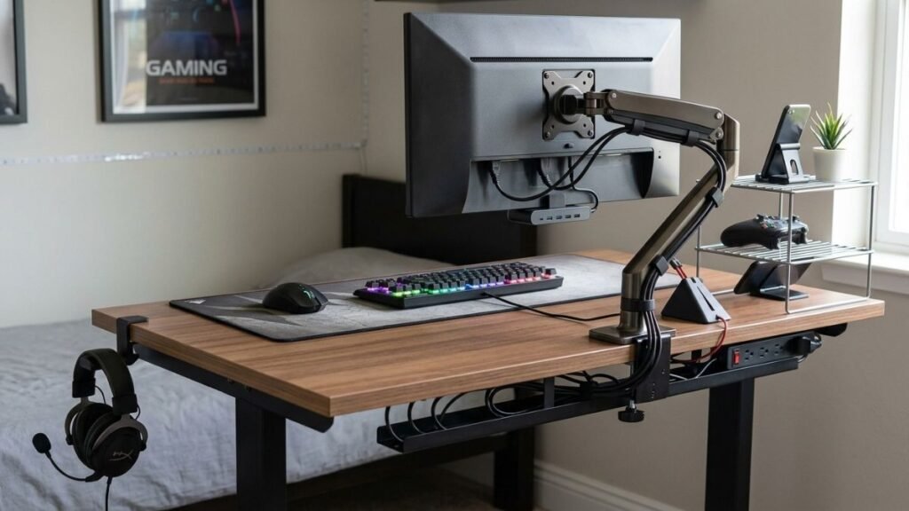 Small gaming desk using a monitor arm and under-desk headset storage to preserve surface space