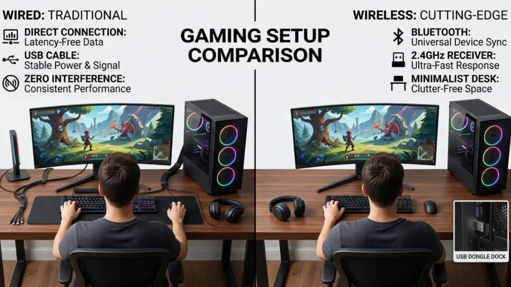 Comparison between wired and wireless gaming accessories on a desk setup