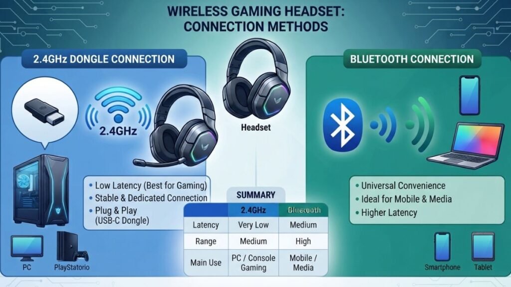 Comparison of wireless gaming headset connection technologies including Bluetooth and 2.4GHz